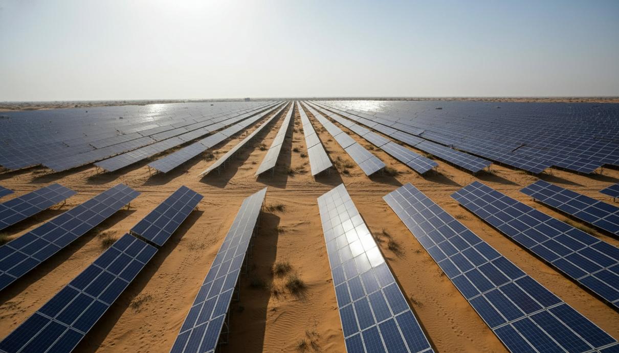 Панорама крупной солнечной электростанции в пустыне с рядами фотоэлектрических панелей под ясным небом