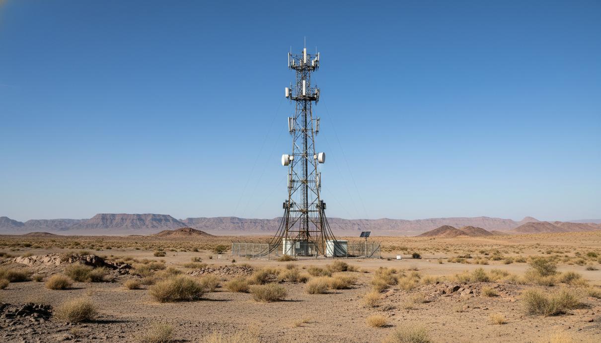 Вышка сотовой связи на фоне открытой загородной местности под ясным небом.