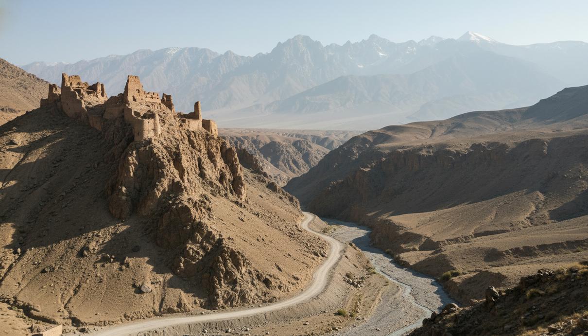 Горный пейзаж Афганистана с древними руинами крепости и извилистой дорогой на фоне высоких заснеженных хребтов.