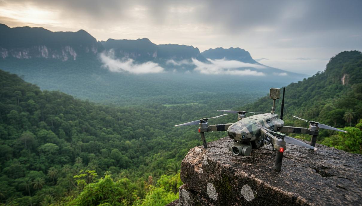 Тактический беспилотник на выступе скалы перед густым тропическим лесом в туманных горах Индии