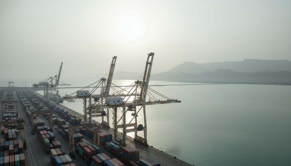 Промышленный вид порта Чабахар с грузовыми кранами и контейнерами на берегу Оманского залива.