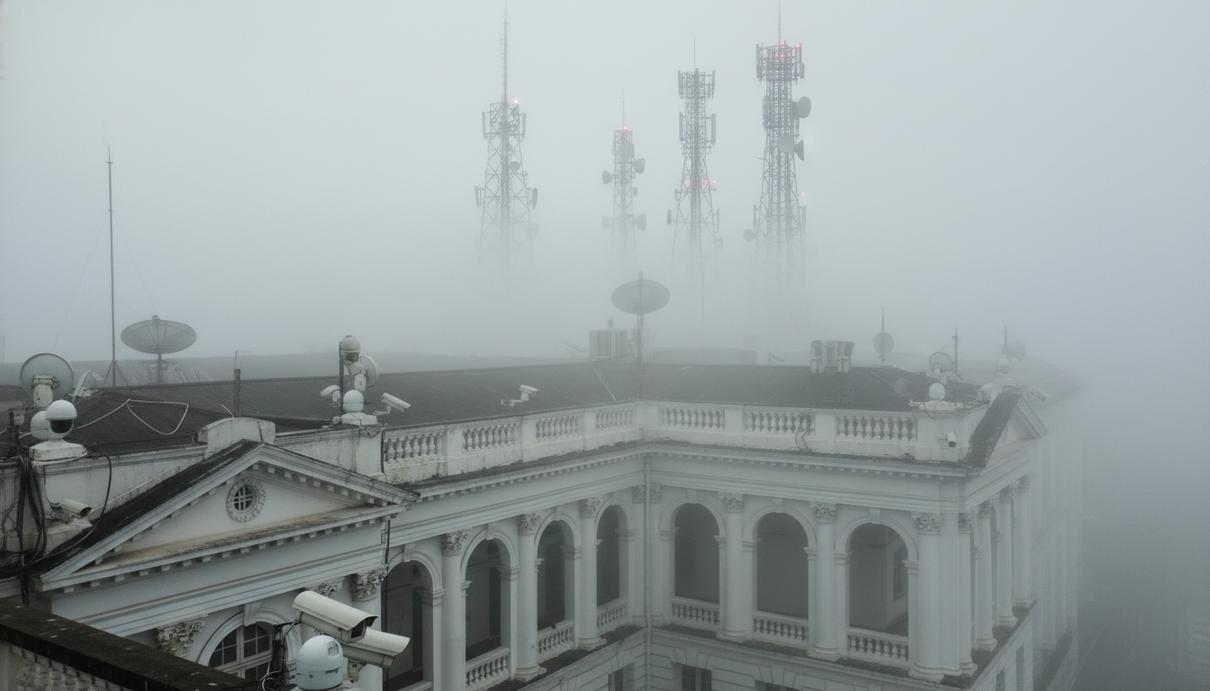 Здание правительства в Коломбо, окутанное густым туманом, с камерами наблюдения и антеннами на крыше