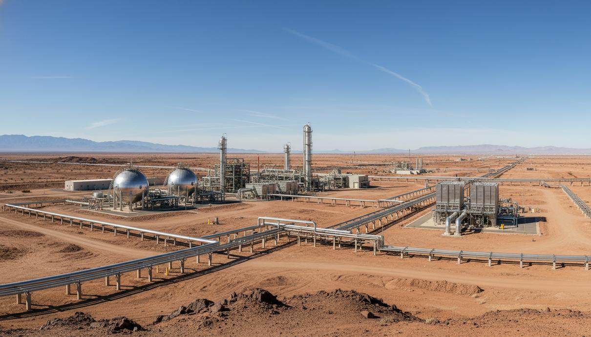 Газоперерабатывающий завод и нити трубопровода в пустыне на фоне ясного неба