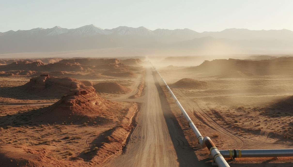 Газопровод и грунтовая дорога в каменистой пустыне на фоне гор под затянутым дымкой небом