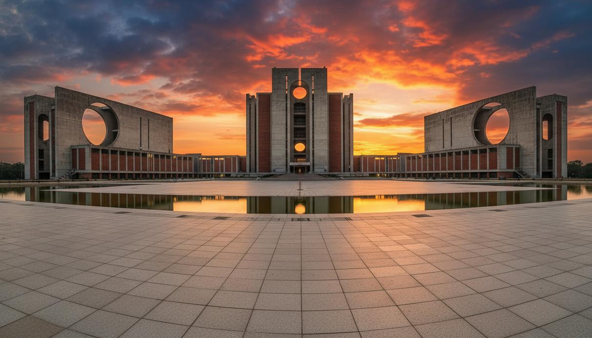 Здание Национальной ассамблеи Бангладеш в Дакке с отражением в воде на закате