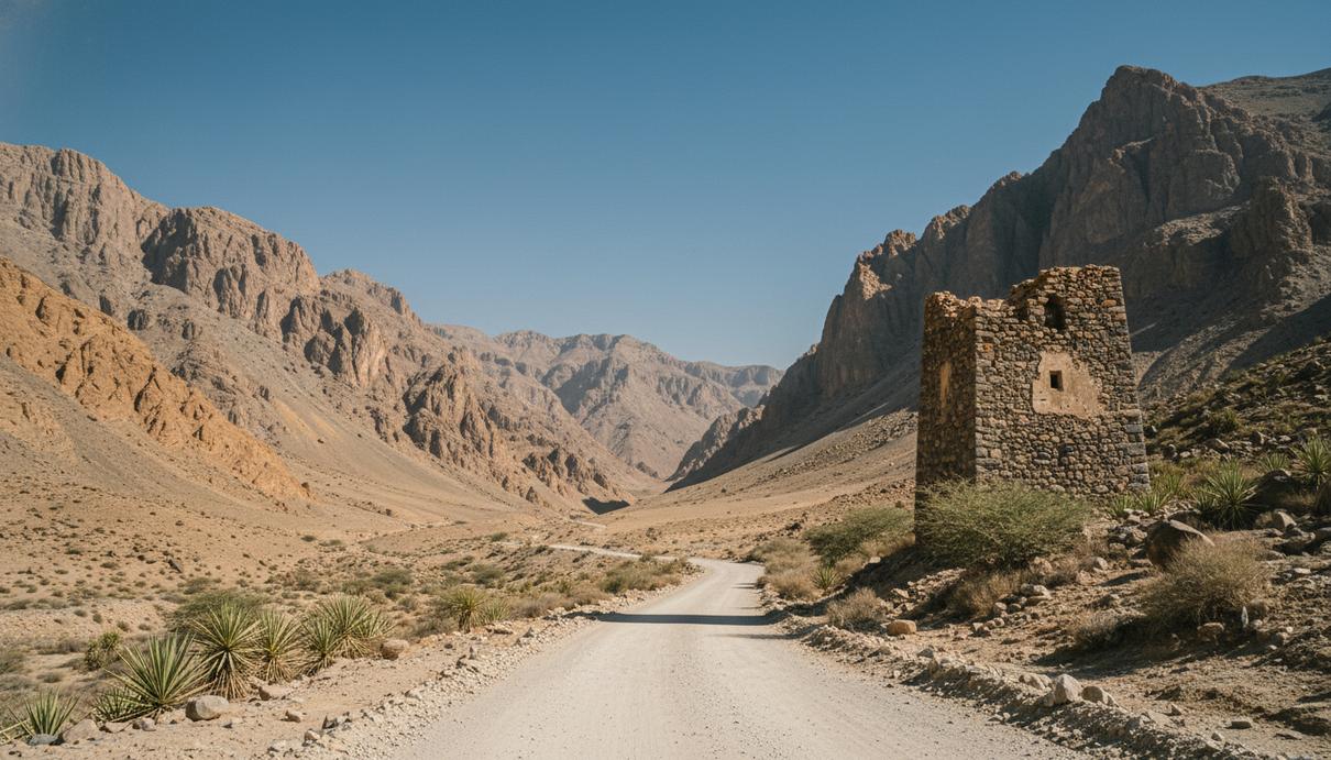 Пустынный горный ландшафт на границе Ирана и Пакистана с каменной сторожевой вышкой и пыльной дорогой
