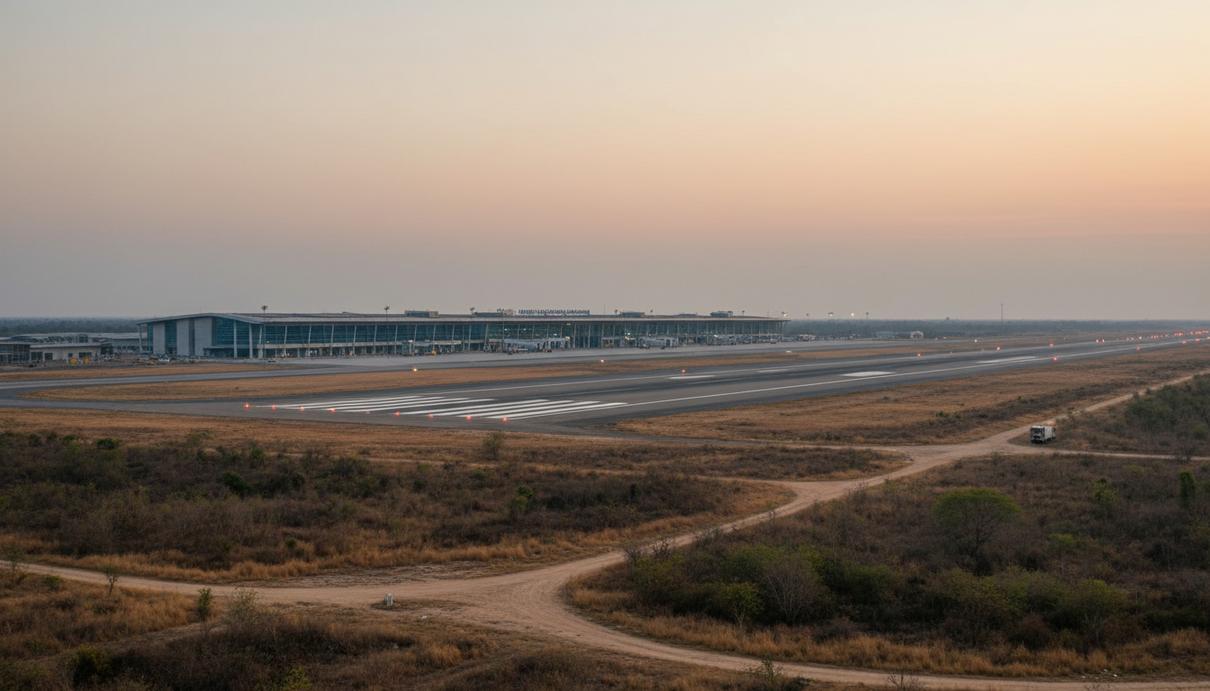 Современный пустой терминал и взлетно-посадочная полоса аэропорта Маттала среди тропической растительности
