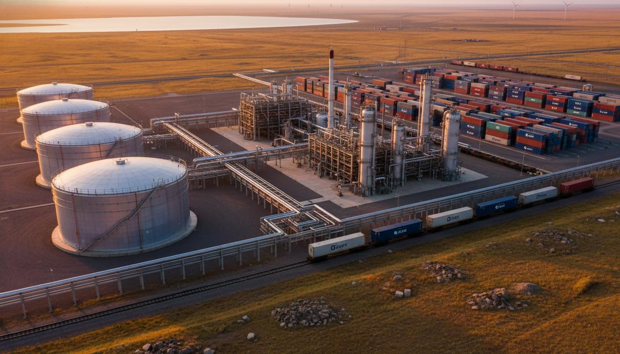 Современный газоперерабатывающий завод и логистический терминал с контейнерами в степи при закате