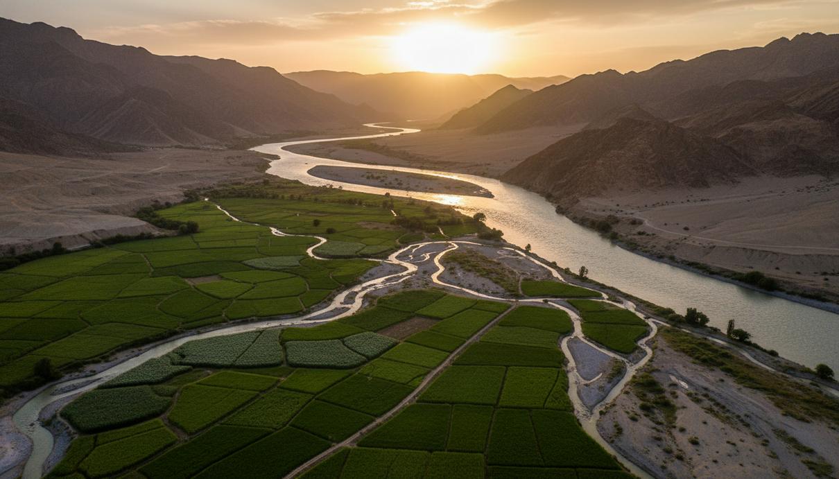 Вид на реку Инд в засушливой горной местности с сетью оросительных каналов и зелеными участками полей.