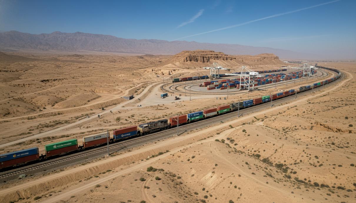 Грузовой железнодорожный терминал с контейнерами в пустынной горной местности на границе государств.