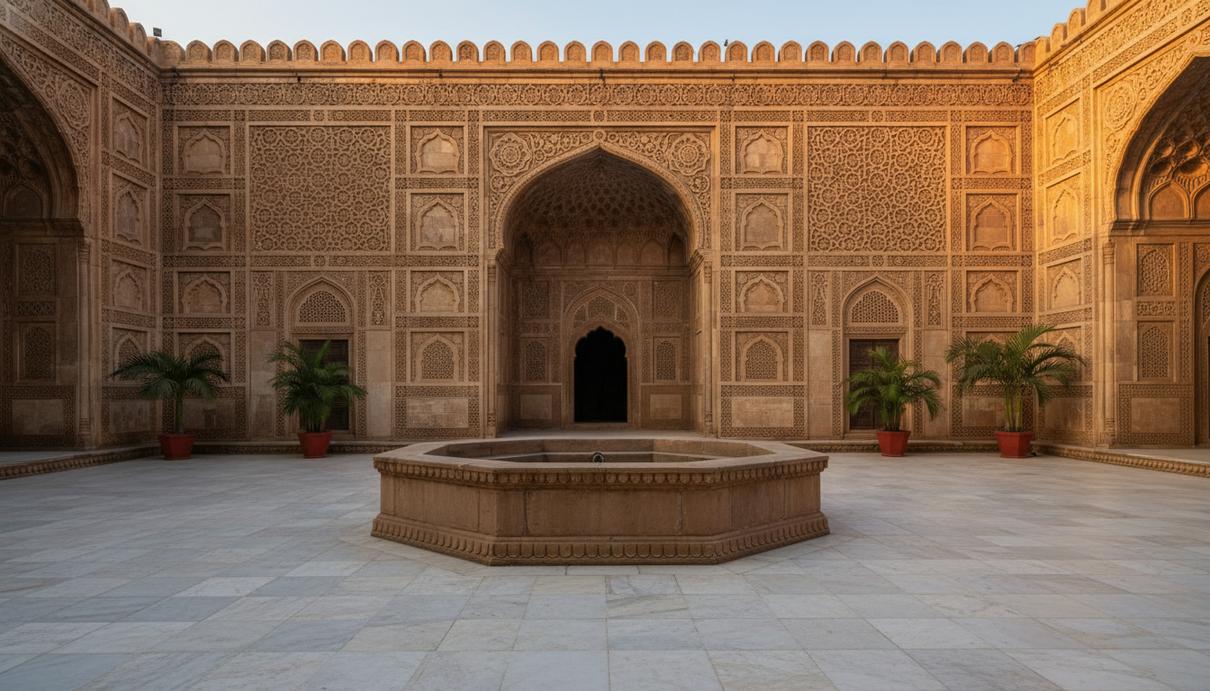 Двор исторической мечети с каменной резьбой и геометрическими узорами в лучах вечернего солнца