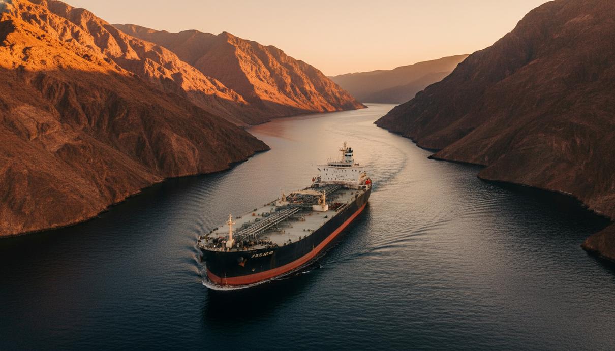 Большой нефтяной танкер идет по узкому морскому проливу между высокими скалистыми берегами в лучах заходящего солнца.