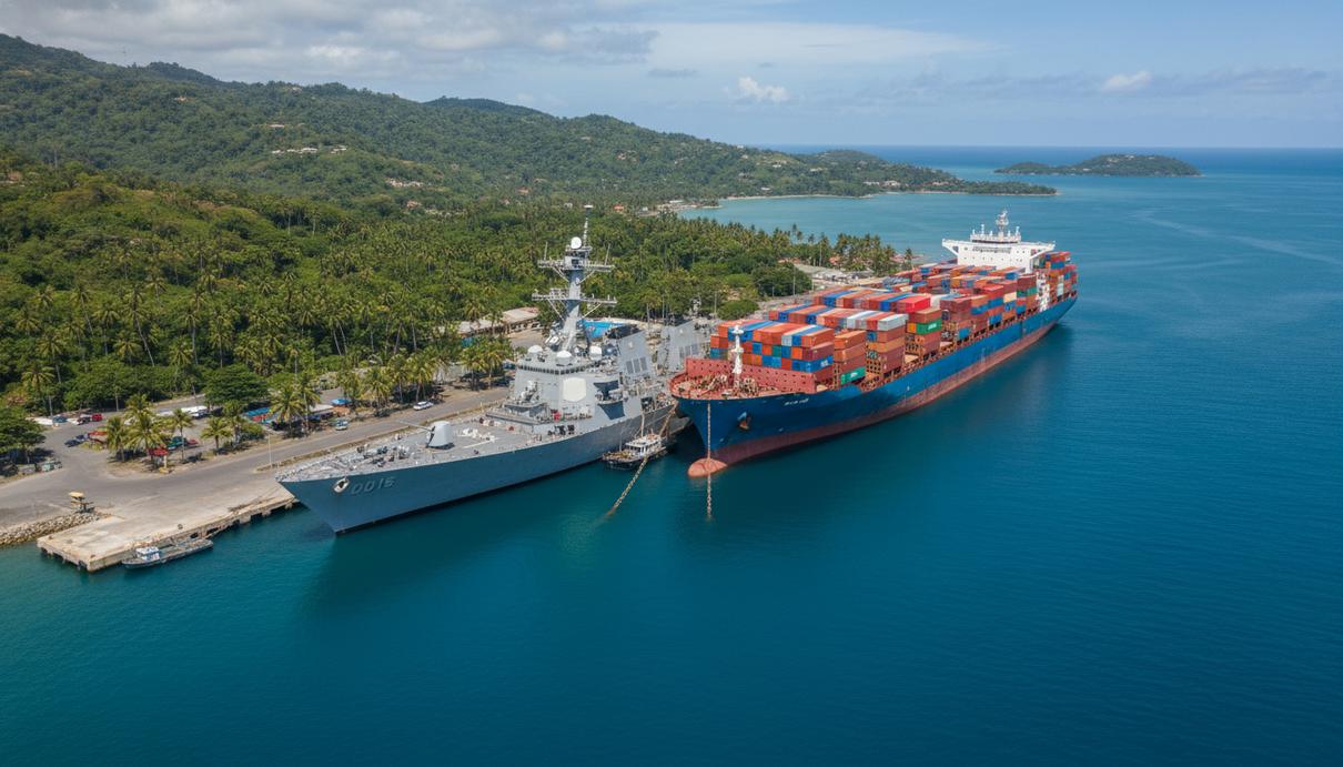 Военный корабль и грузовое судно в глубоководной тропической гавани на фоне зеленых холмов и океана.