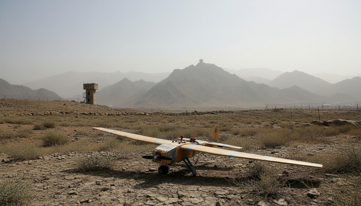 Каменистый горный пейзаж на границе Афганистана и Пакистана с самодельным беспилотником на земле.