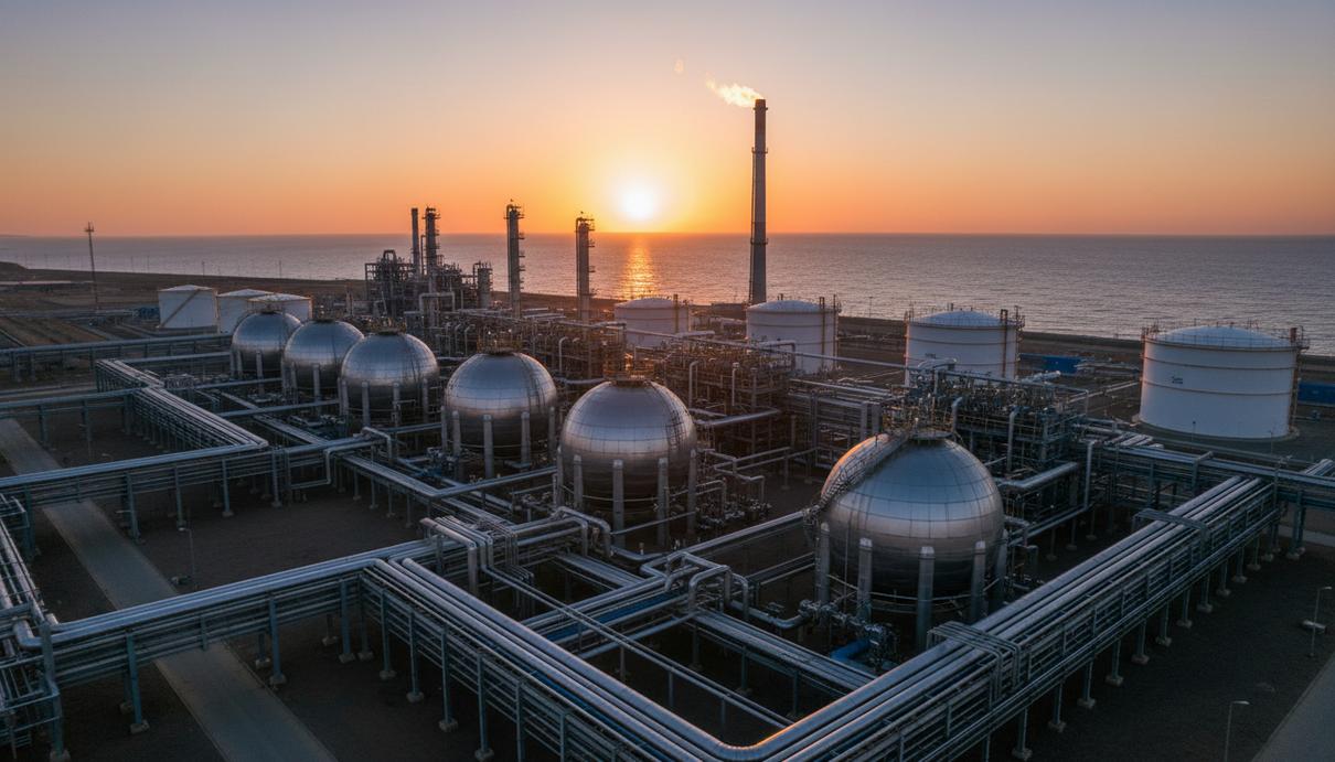 Промышленный пейзаж газоперерабатывающего завода с сетью стальных труб и резервуаров на берегу моря.