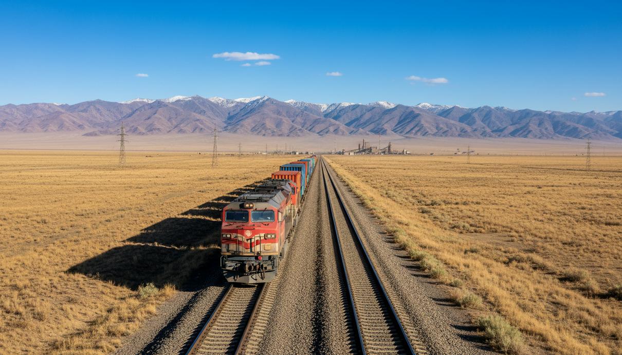 Грузовой поезд на железнодорожных путях в засушливой степи на фоне гор под ясным небом