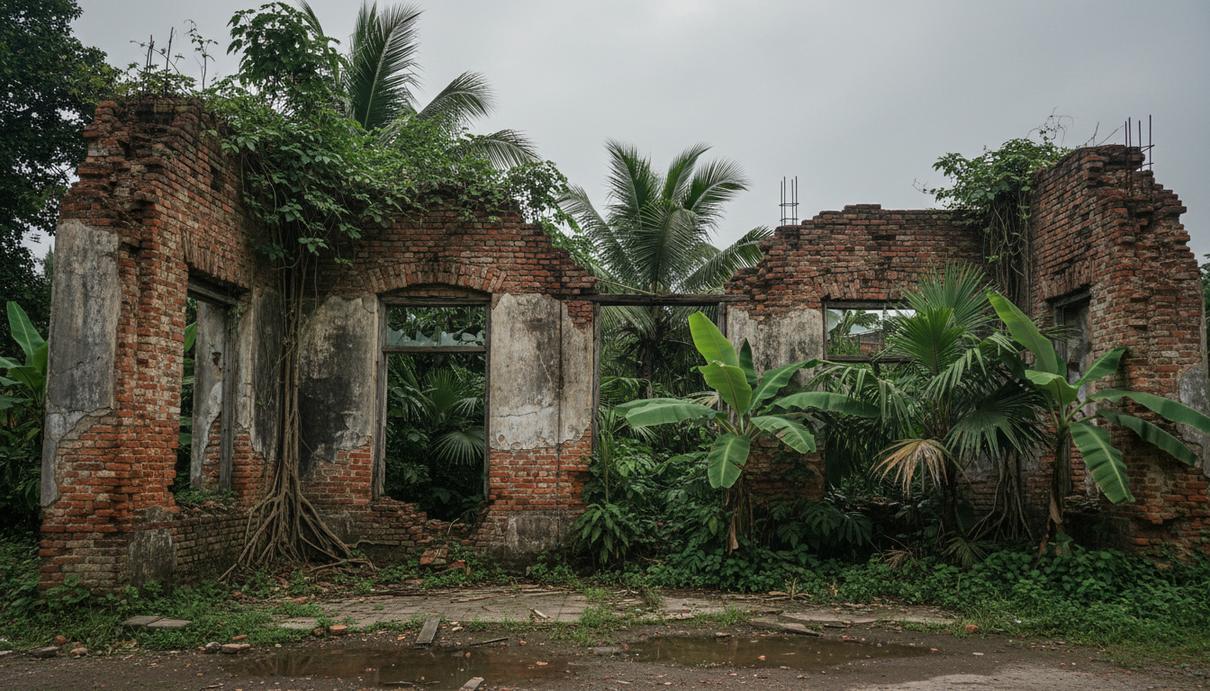Развалины старого кирпичного здания с разбитыми окнами среди густых тропических зарослей под пасмурным небом.