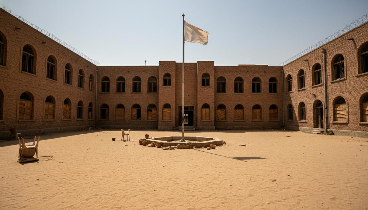 Двор правительственного здания в Кабуле с флагштоком на фоне кирпичных стен в солнечный день