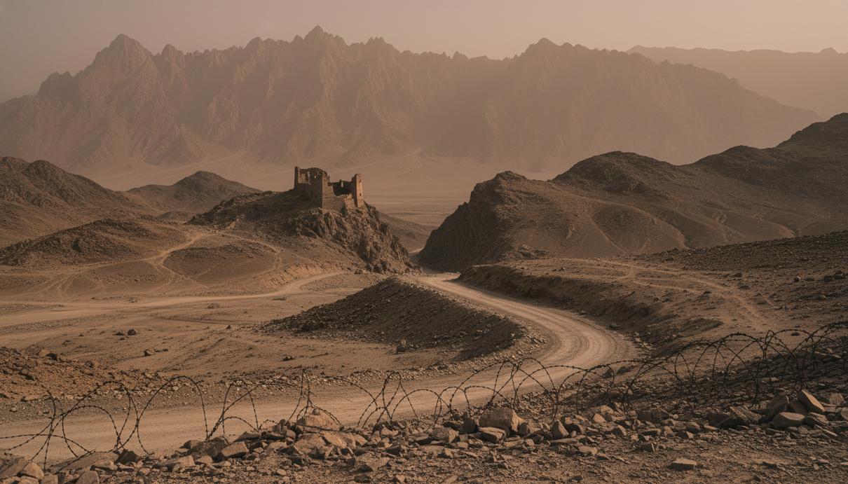 Горный пейзаж на границе Афганистана и Пакистана с грунтовой дорогой и остатками каменных укреплений.