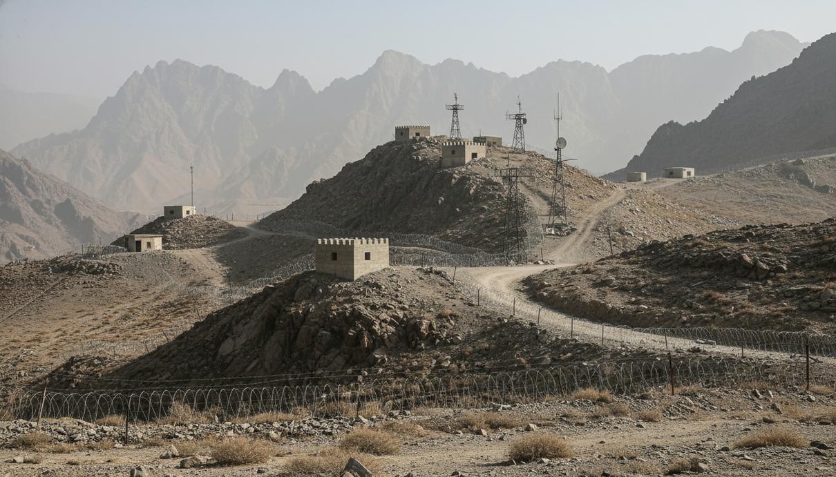 Военные укрепления и заграждения из колючей проволоки в засушливых горах на пакистано-афганской границе