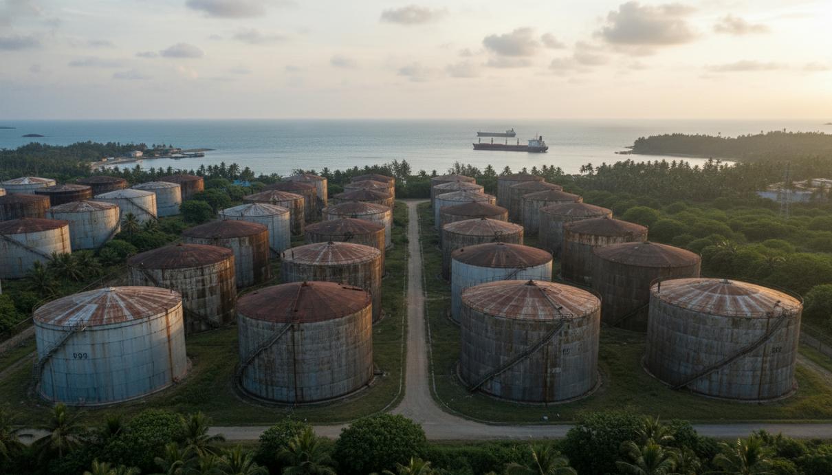 Массивные промышленные резервуары для хранения нефти на побережье бухты Тринкомали в окружении тропической зелени.