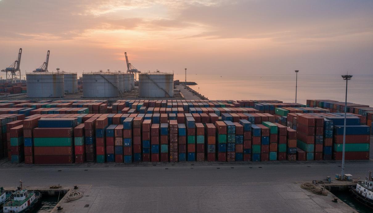 Индийский морской порт с грузовыми контейнерами и нефтяными резервуарами на фоне заката