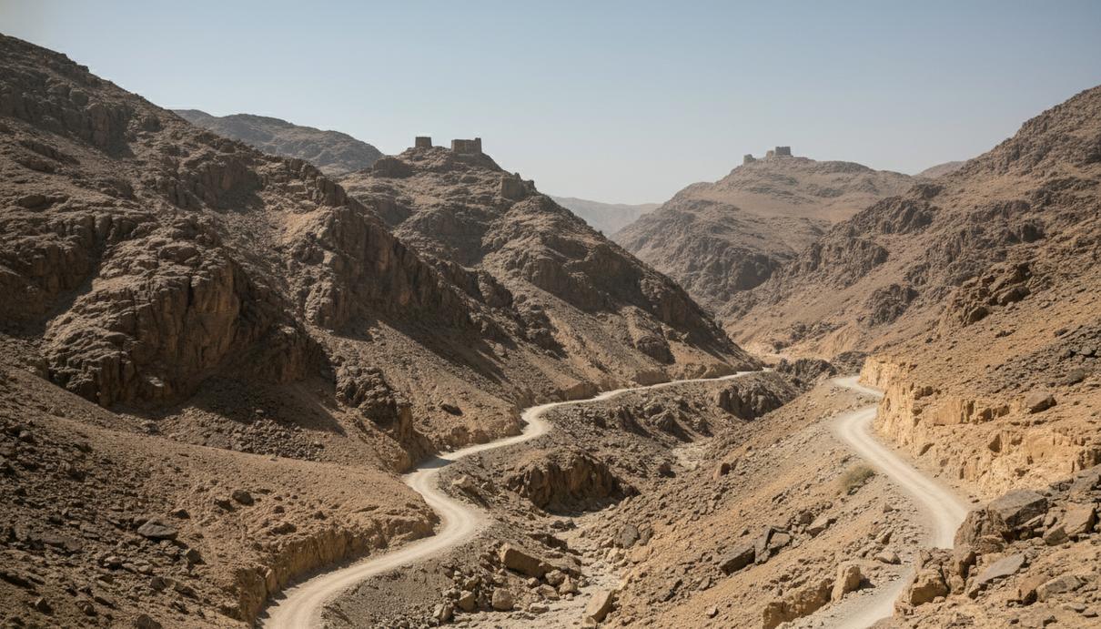 Засушливое горное ущелье с грунтовой дорогой и остатками старых каменных укреплений на склонах.