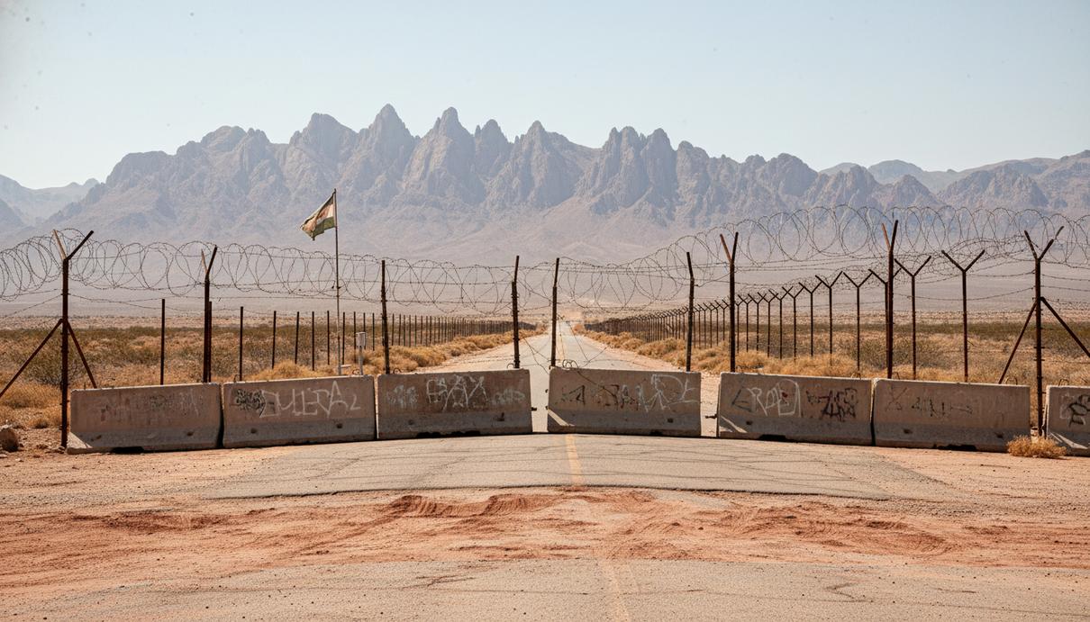 Пустынная дорога, перегороженная бетонными блоками и колючей проволокой на фоне засушливых гор