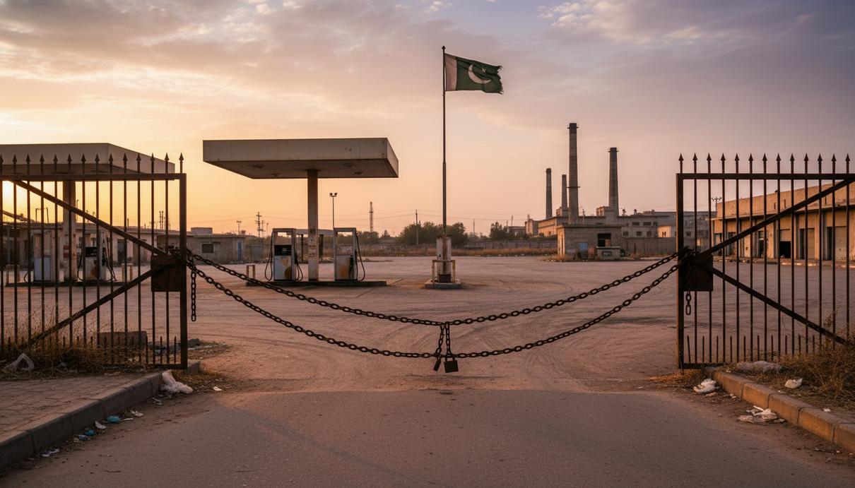 Закрытая из-за кризиса автозаправка и пустая улица в Пакистане под закатным небом.