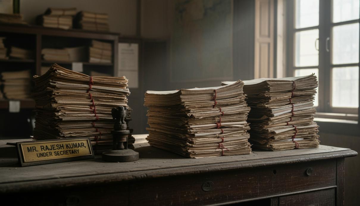 Интерьер старого индийского государственного кабинета со стопками бумаг и печатью на столе