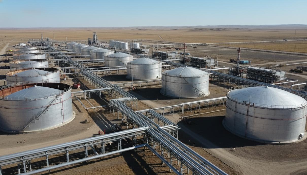 Нефтяной терминал с серебристыми резервуарами и сетью трубопроводов в степной местности под ясным небом