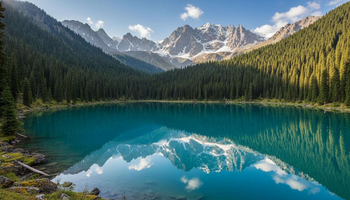 Бирюзовая вода озера Кольсай в окружении хвойного леса и высоких гор Казахстана.