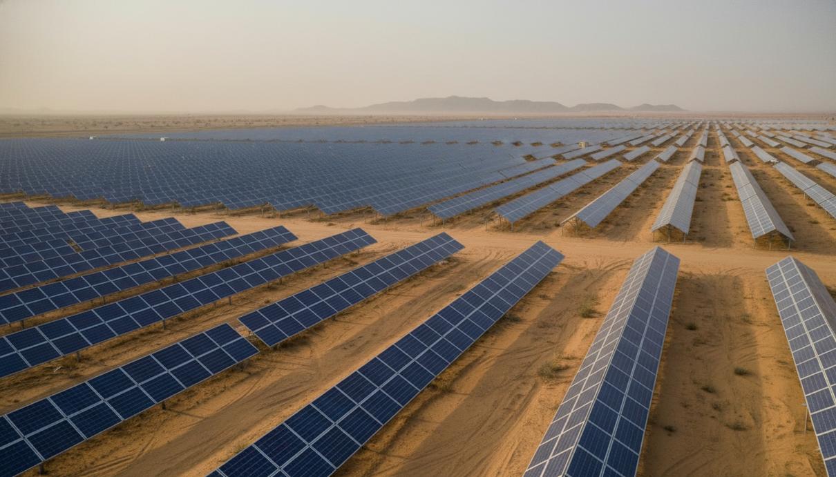 Ряды синих солнечных панелей крупной электростанции в пустыне Раджастхан под ясным небом.