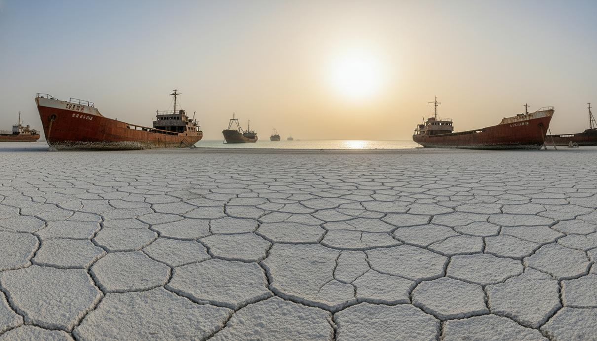 Заброшенные ржавые суда на высохшем растрескавшемся дне Каспийского моря на фоне уходящей линии воды.