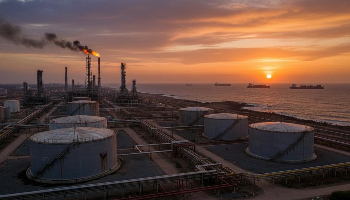 Нефтяной терминал с промышленными резервуарами на берегу океана и грузовые суда на горизонте