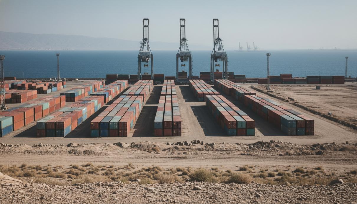 Морские грузовые контейнеры и портовые краны в порту Актау на фоне Каспийского моря