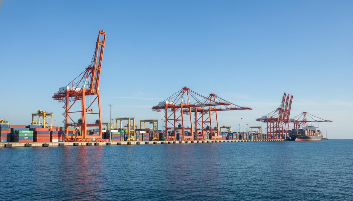 Огромные портовые краны на причале грузового терминала на фоне синего моря