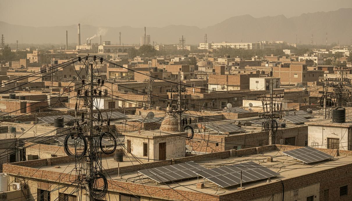 Солнечные батареи на плоских крышах городских зданий на фоне опор линий электропередач