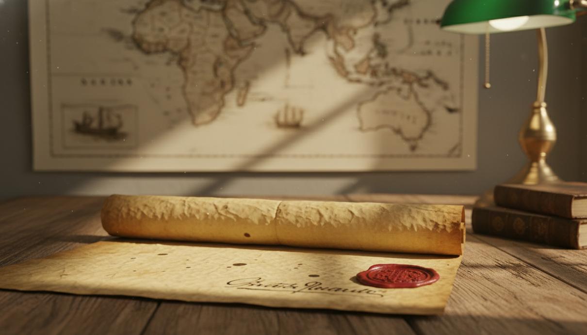 Старинный официальный документ с печатью и подписью на деревянном столе на фоне исторической карты