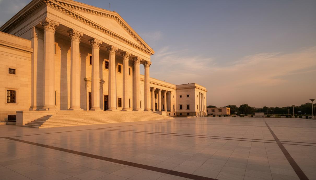 Белое мраморное здание Верховного суда Пакистана с высокими колоннами и пустой площадью перед входом.