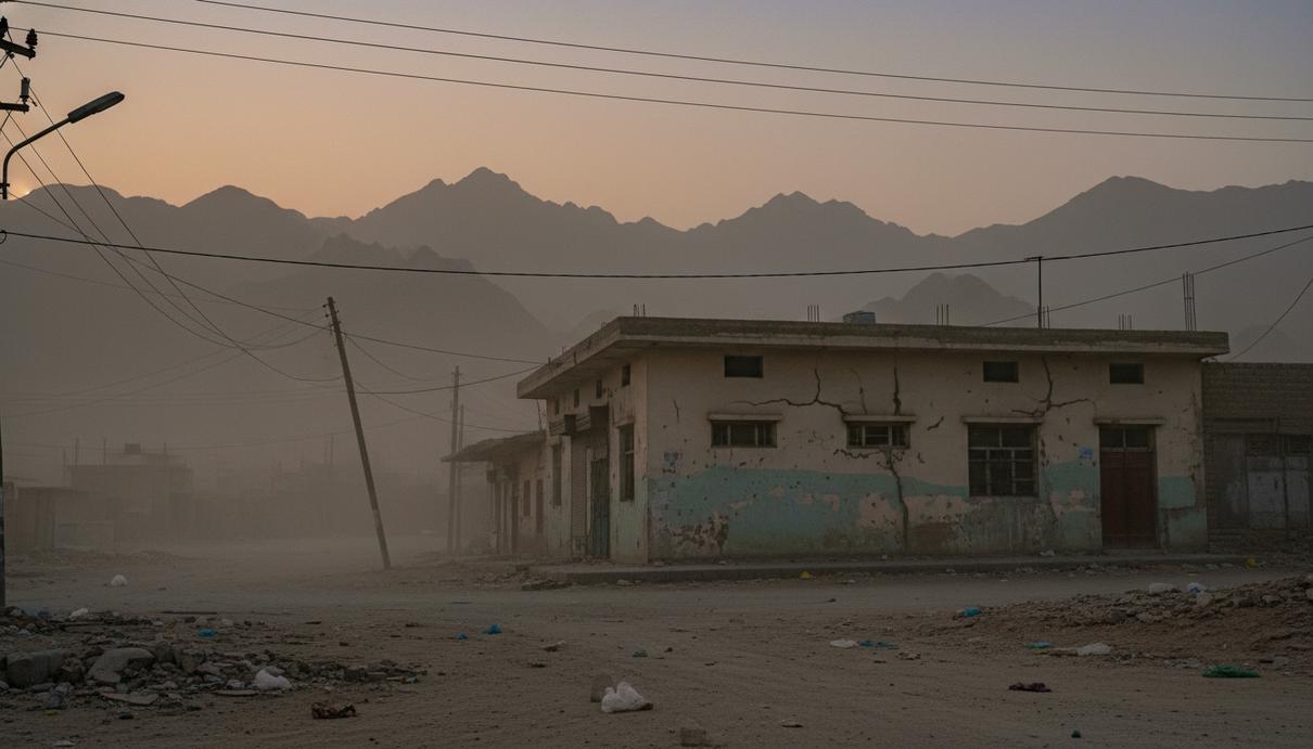Бетонное здание с поврежденными стенами на фоне горных силуэтов в сумерках, пыльная улица.