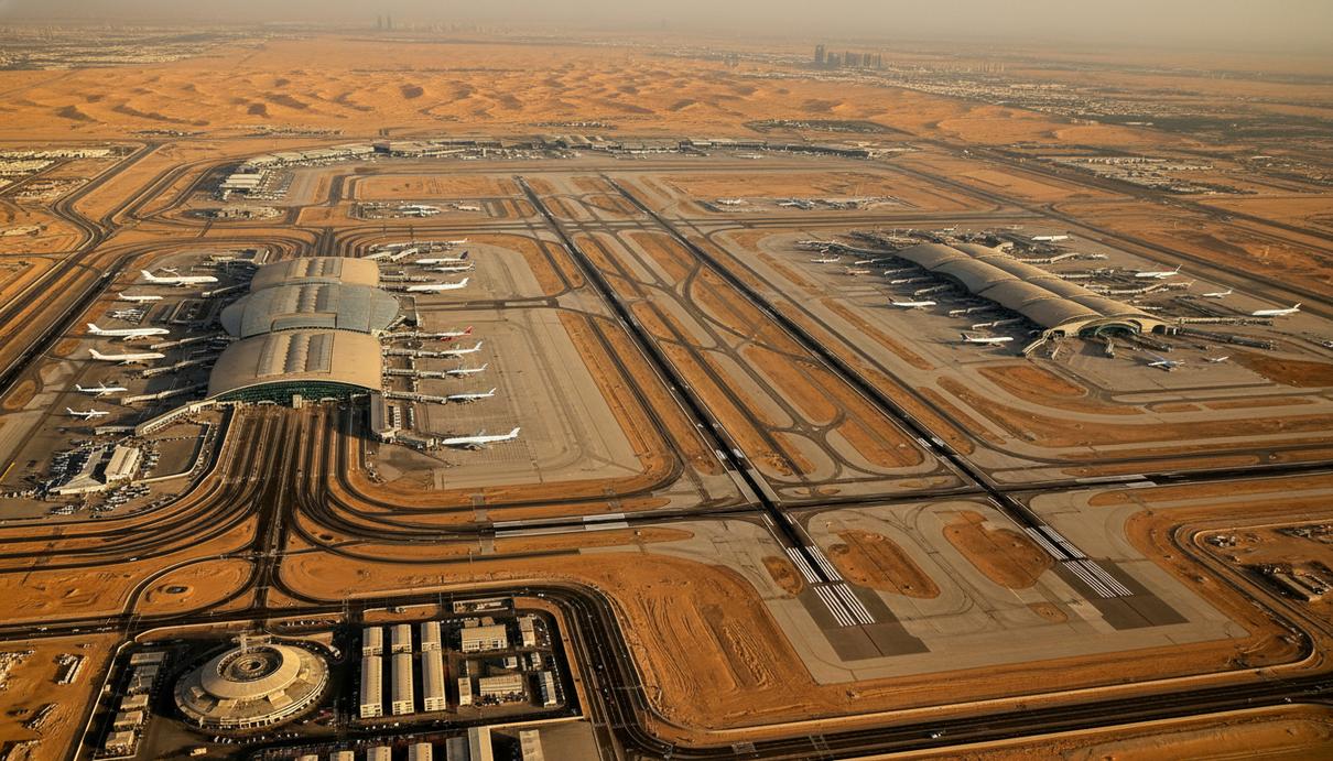 Вид сверху на взлетно-посадочные полосы и терминалы аэропорта Дубая на фоне пустыни.