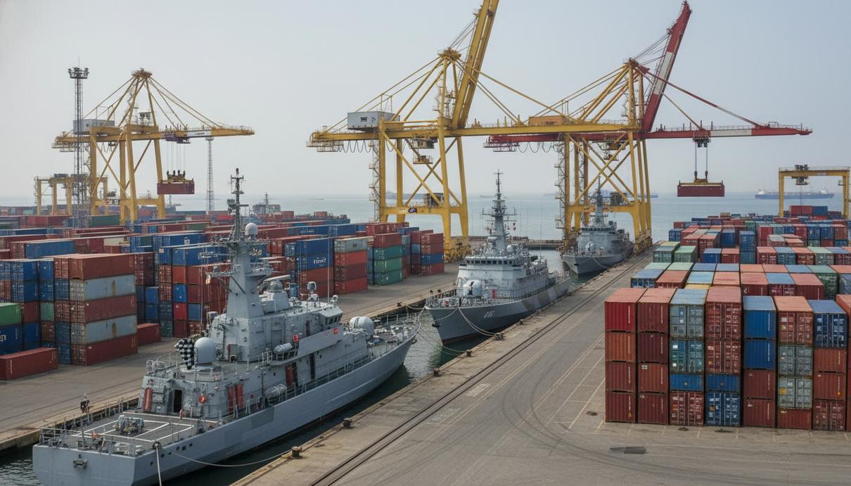 Военные катера и корветы у причала в промышленном порту на фоне морского горизонта и кранов