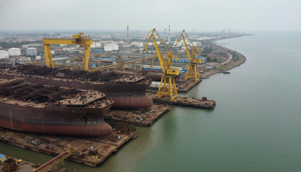 Вид на промышленную верфь с недостроенными стальными судами и высокими подъемными кранами у воды.