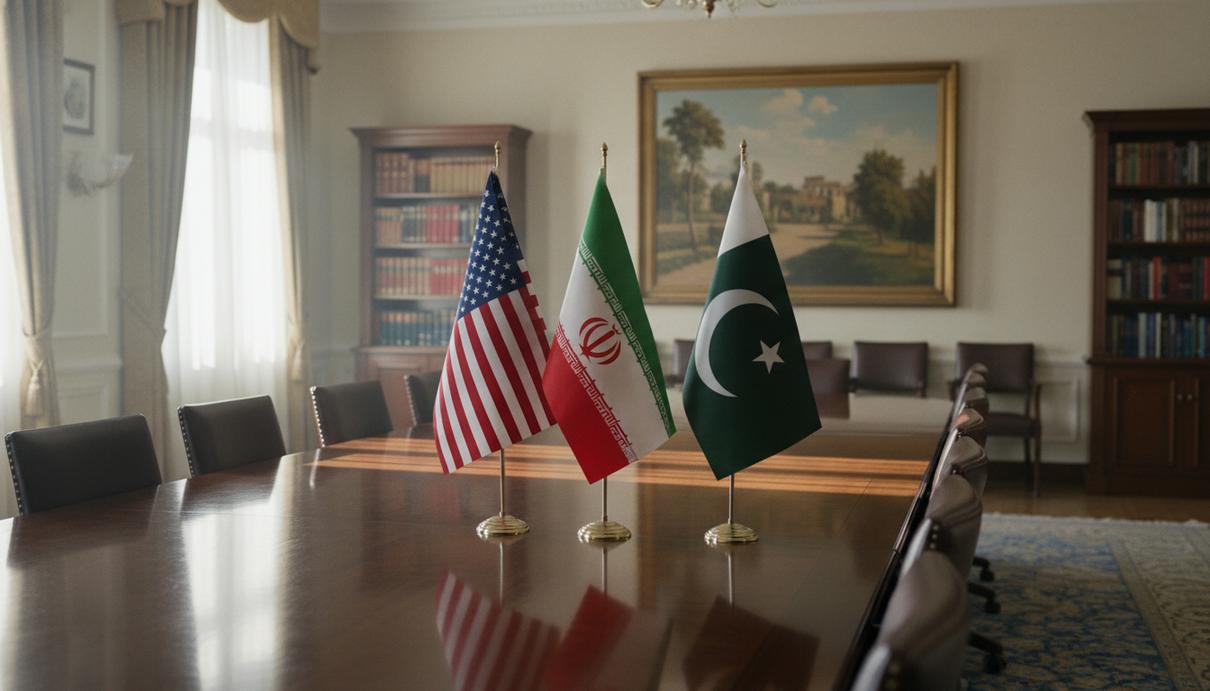 Зал заседаний с государственными флагами на полированном столе в свете из окна.