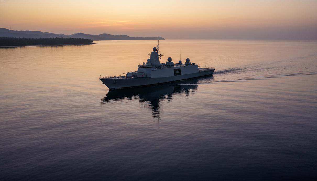 Современный военный фрегат идет по Индийскому океану на фоне заката.