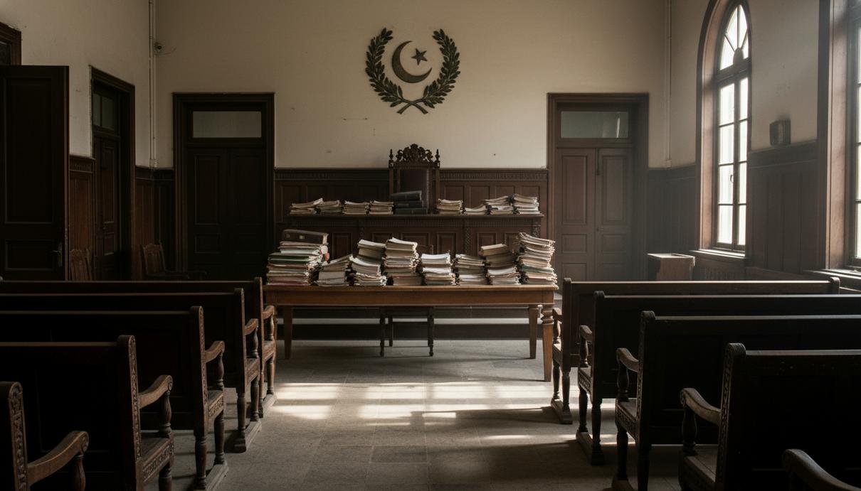 Интерьер пустого зала судебных заседаний в Пакистане с гербом на стене и папками с документами