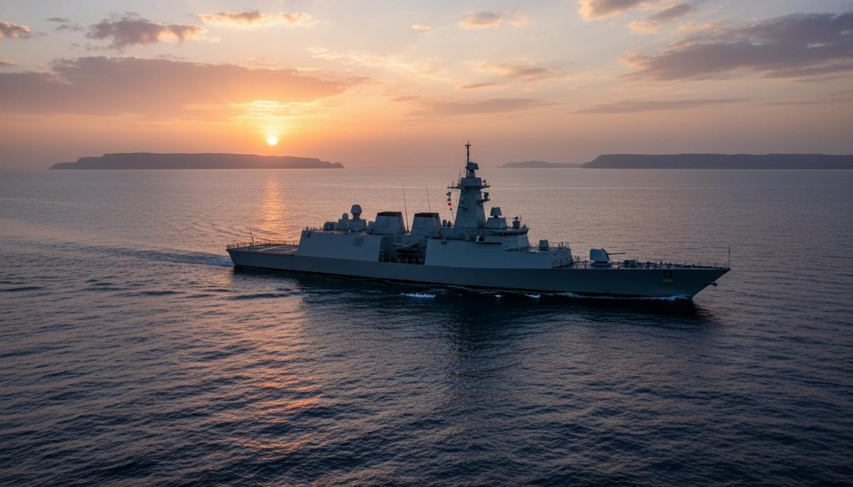 Военный корабль в открытом море на фоне рассвета и очертаний берега