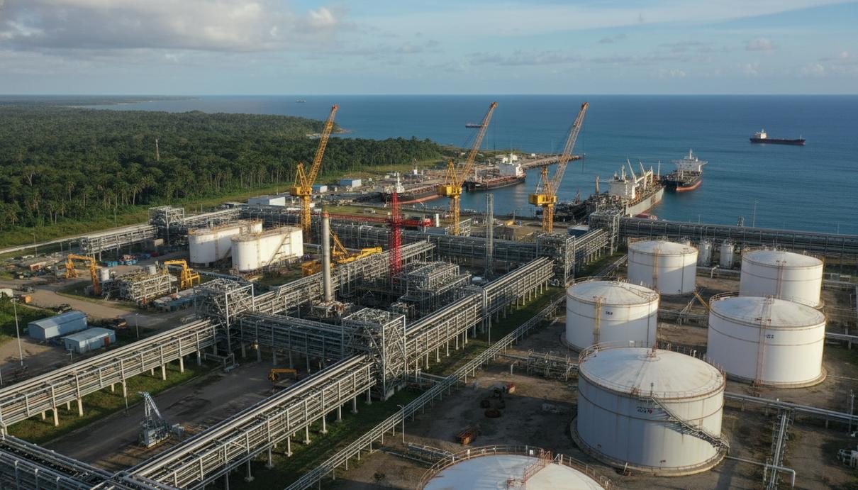 Промышленный морской порт и нефтяные терминалы на тропическом побережье Гайаны под ясным небом