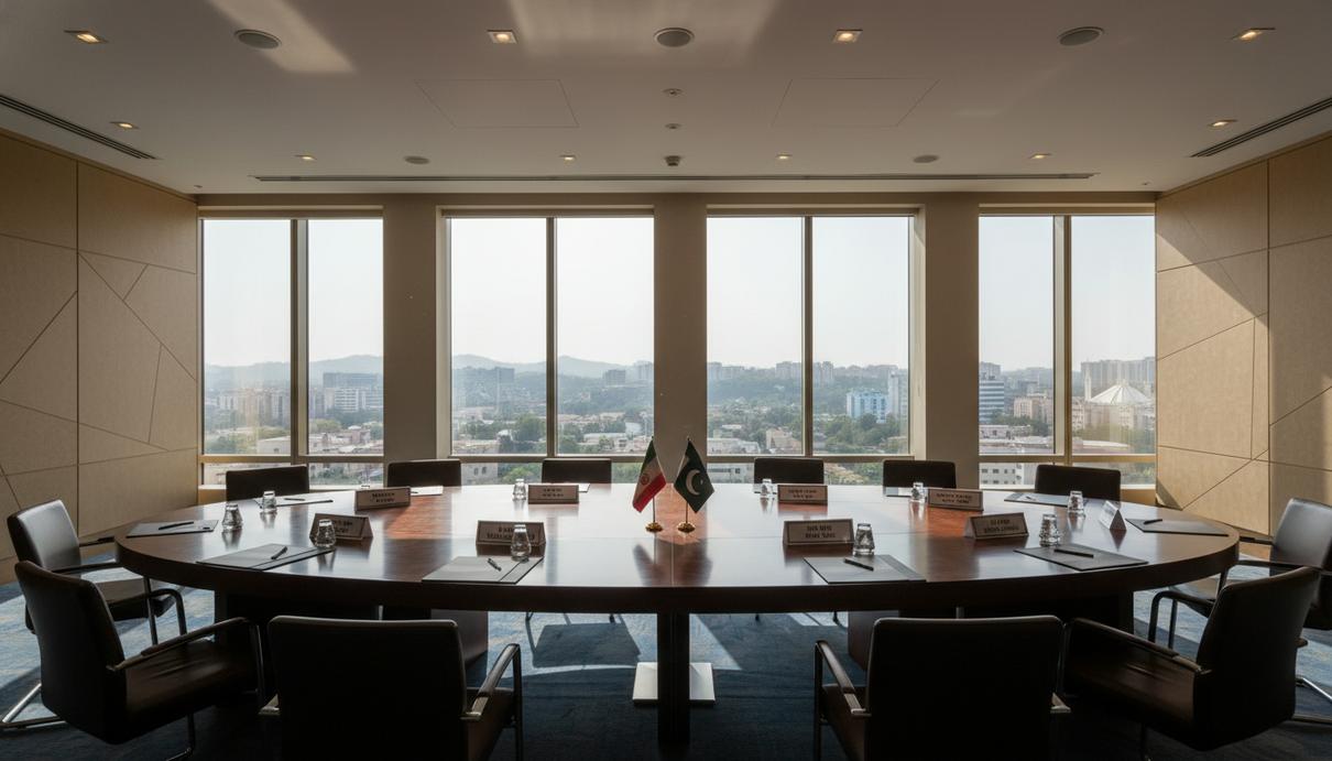 Пустой зал дипломатических переговоров с флагами Пакистана и Ирана на столе